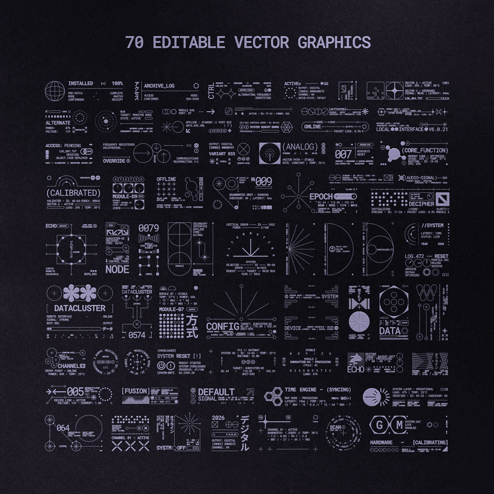A dark poster of vector micrographics — technical labels, calibration marks, module diagrams
